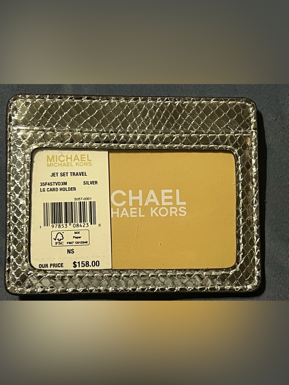 MICHAEL KORS JET SET TRAVEL CARD HOLDER WALLET  EXOTIC EMBOSSED SILVER